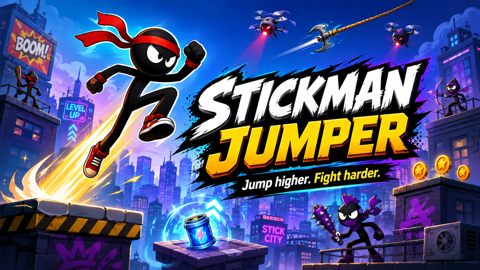 Stickman Jumper comic city rooftop vertical jumping game banner